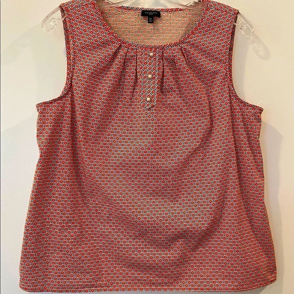 Talbots Printed Sleeveless Shell Tank Top Brown Red/White 3 Faux Button 16P